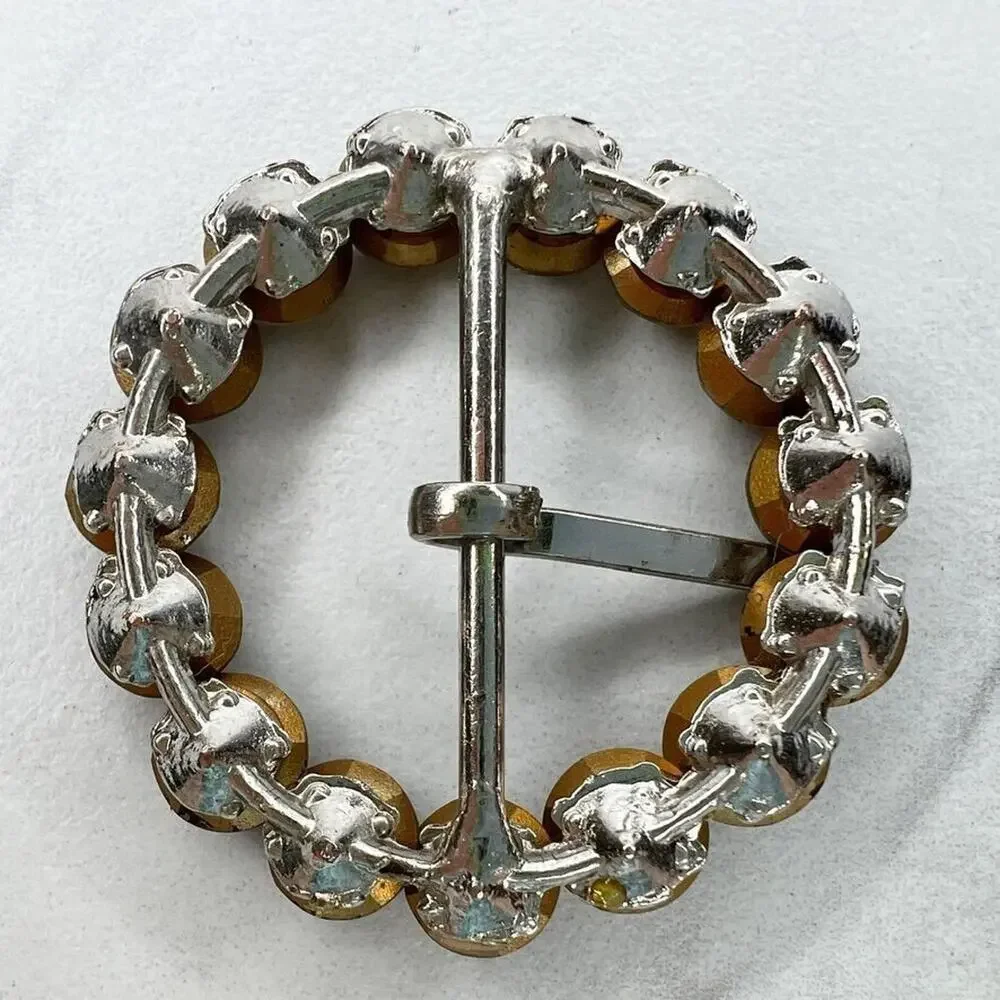 Silver Tone Rhinestone Round Circle Belt Buckle